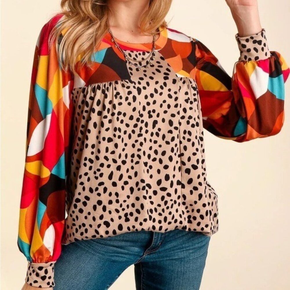 Artsy Geometric Animal Print Top Women Size large Long Sleeve Colorful Boho - Picture 11 of 16
